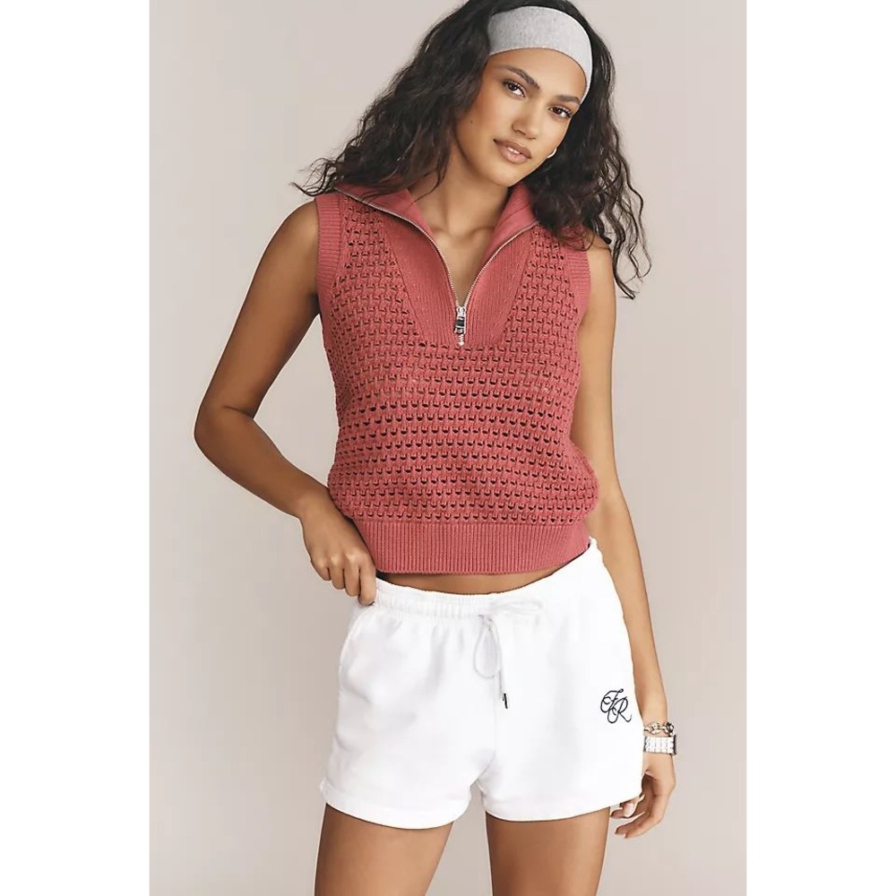 Varley Bains Half Zip Tank Rose Pink Cotton Crochet Knit Sleeveless Sweater XS